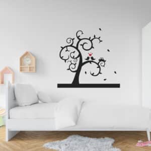 vinilo decorativo de árbol con pájaros y corazones