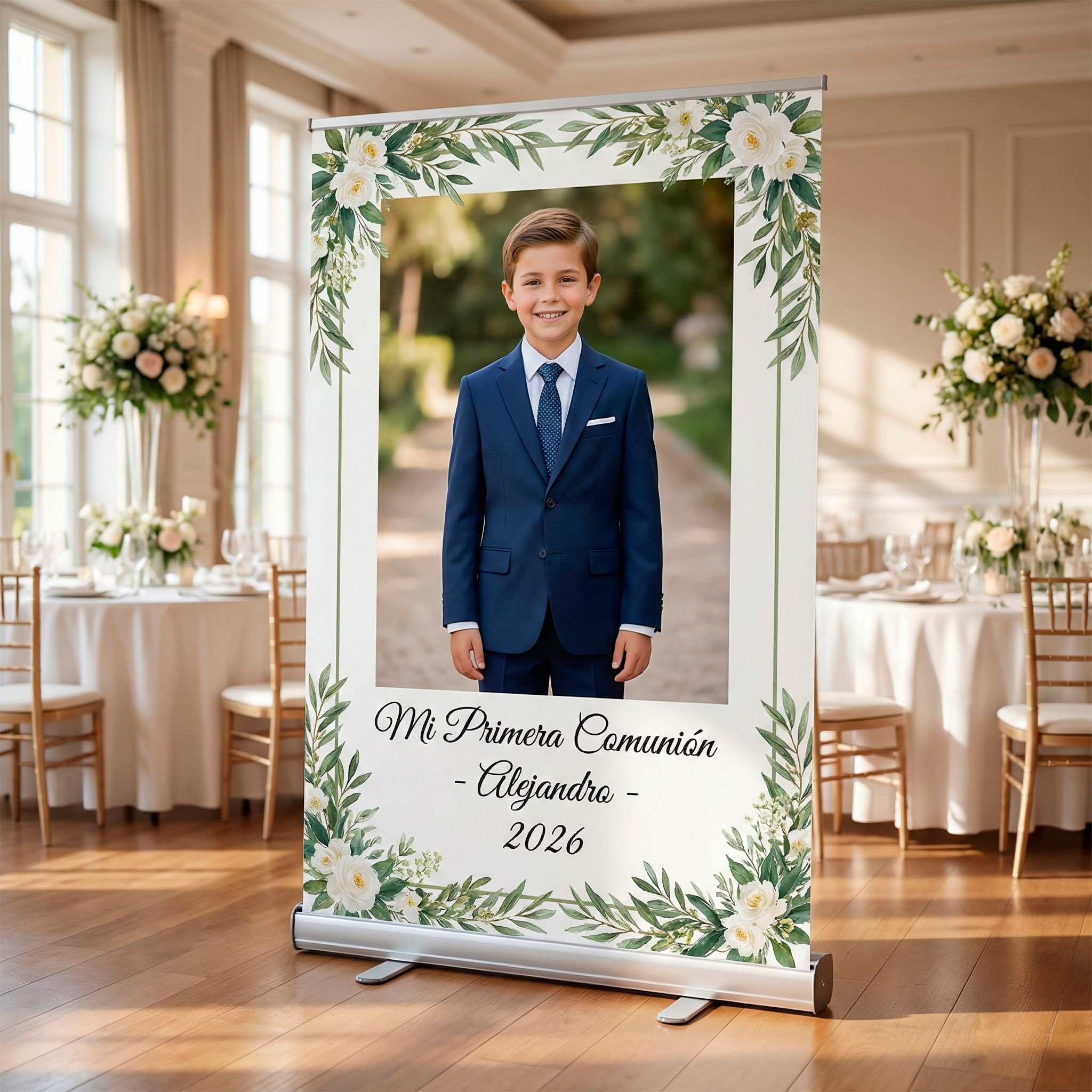 Photocall Comunión XXL (Soporte Autoenrollable) | Fondo para Fotos y Mesa Dulce (Hasta 2x2m) Fondo para fotos de comunión 150x200 cm. Photocall autoenrollable ancho perfecto para fotos del niño con los padres o padrinos.