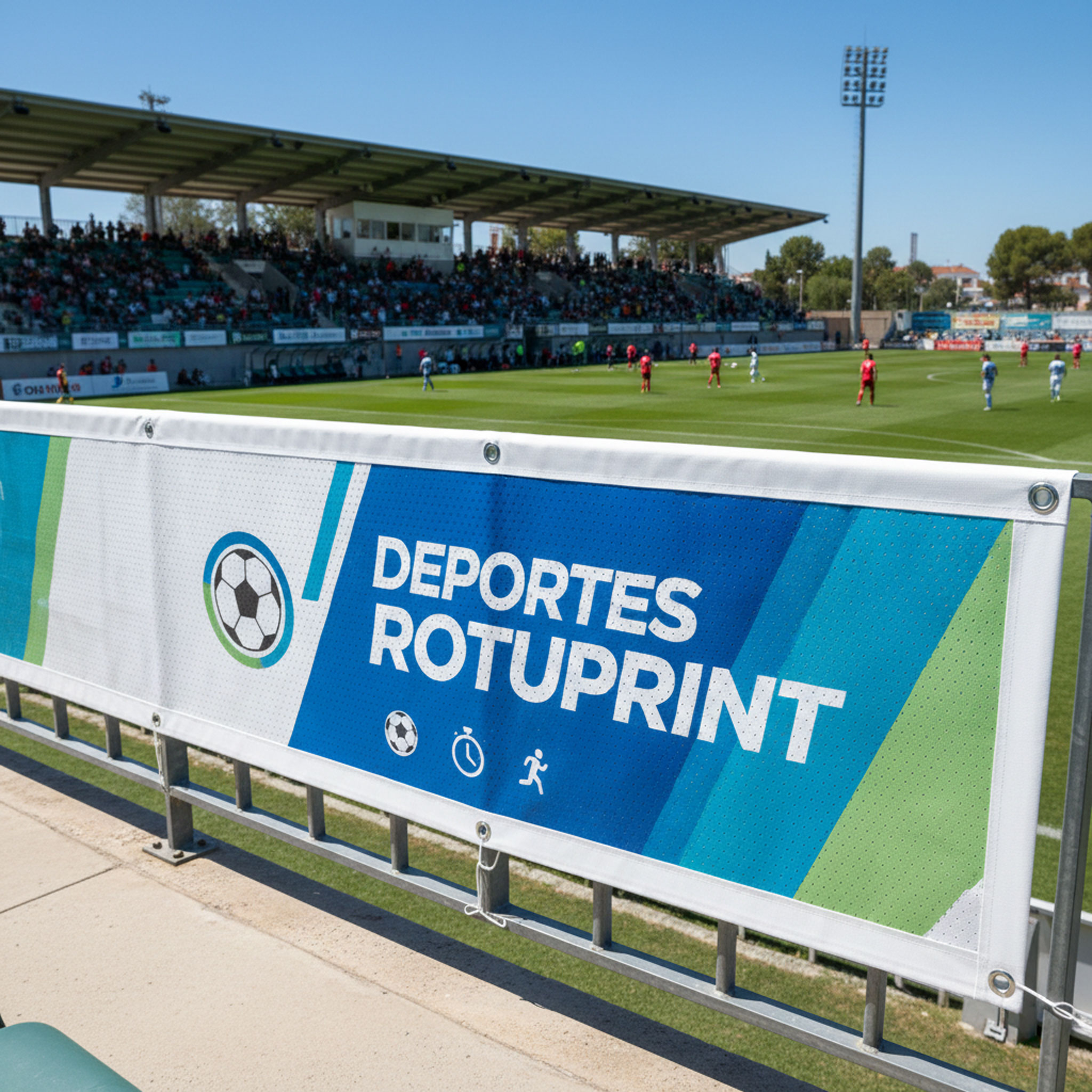 LONAS MICROPERFORADAS (MESH) - ANTIVIENTO Lona publicitaria de PVC microperforado instalada en barandilla de campo de fútbol.